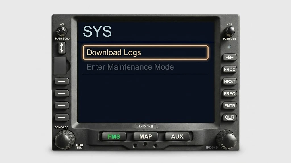 The Avidyne IFD front panel with the SYS key pressed, showing a Download Logs option and an Enter Maintenance Mode prompt