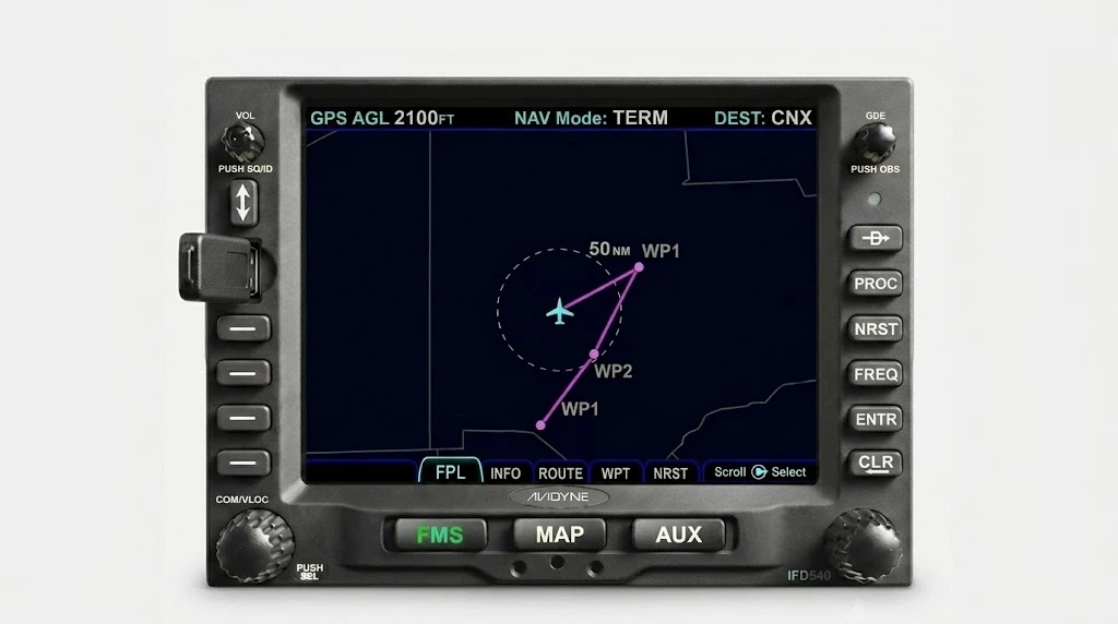 A USB flash drive being removed from the front-panel USB port of an Avidyne IFD