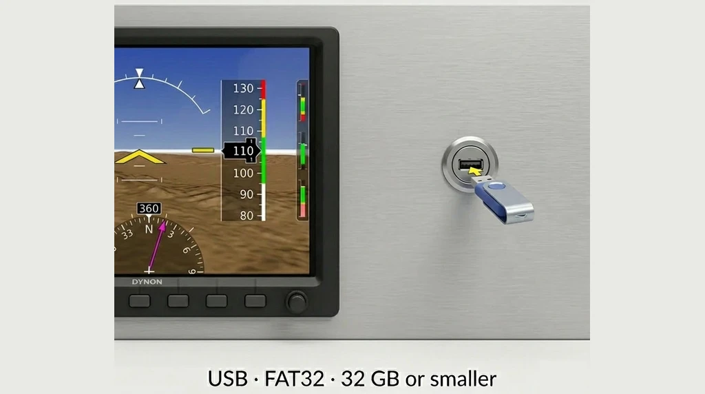 A USB flash drive being plugged into a panel-mount USB port beside a Dynon SkyView display