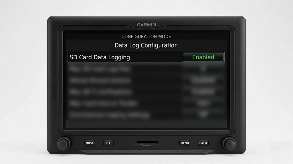 The G3X Touch Data Log Configuration page in Configuration Mode with SD Card Data Logging set to Enabled