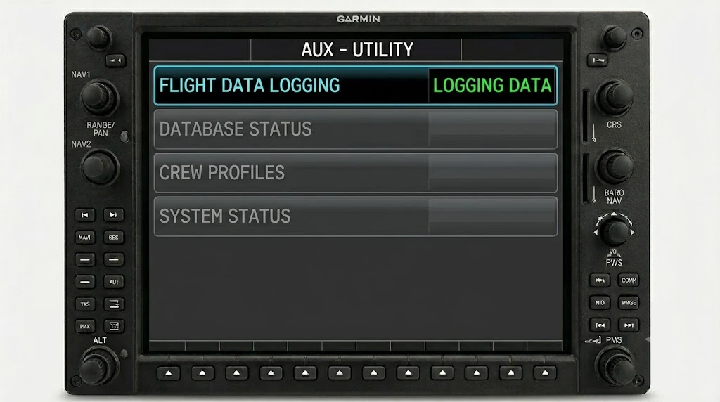 AUX – UTILITY page on a Garmin G1000 showing Flight Data Logging reading LOGGING DATA