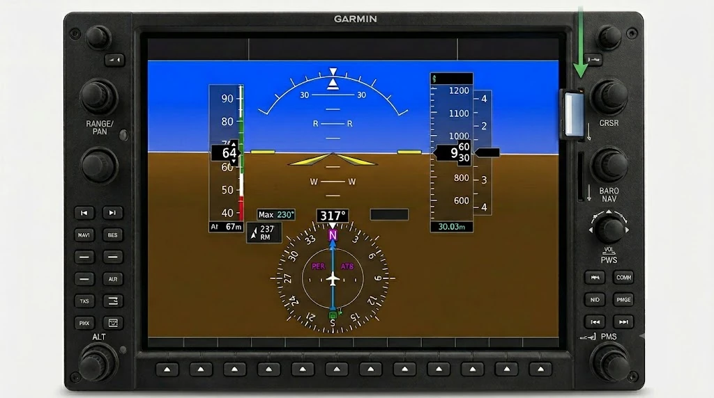 Garmin G1000 MFD bezel with a full-size SD card going into the top card slot