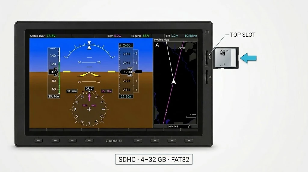 Full-size SDHC card going into the top card slot of the Garmin MFD display