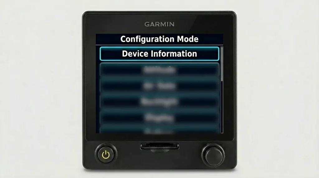 Garmin G5 Configuration Mode menu with Device Information highlighted