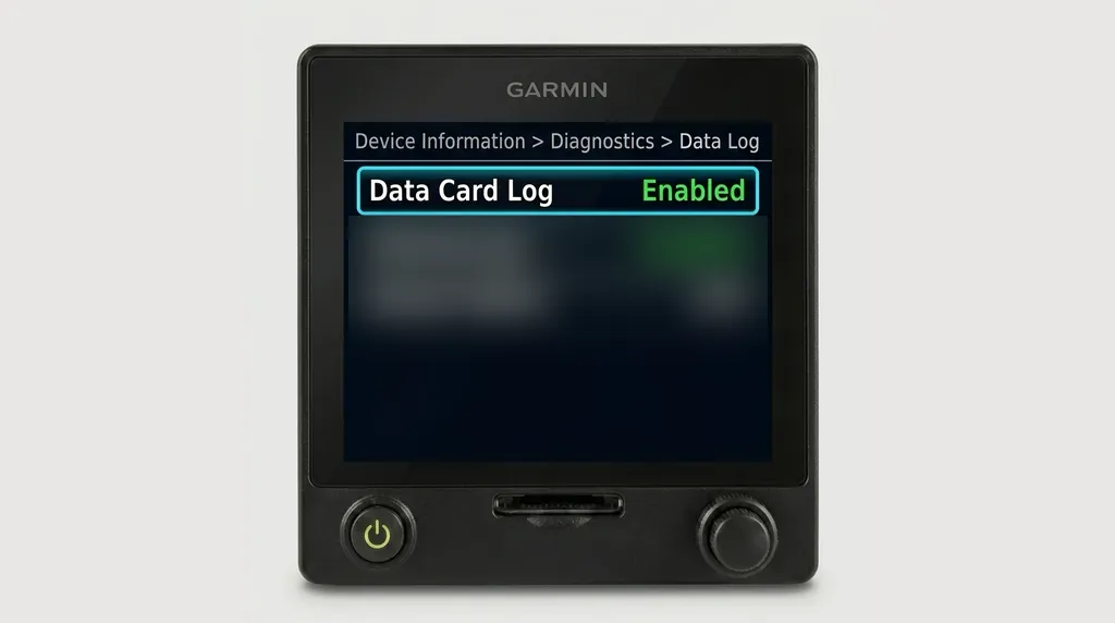 Garmin G5 Data Log screen with Data Card Log set to Enabled