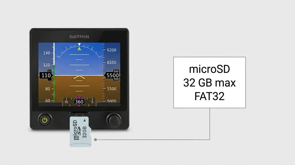 microSD card going into the slot on the Garmin G5 bezel face, just below the screen, contacts down