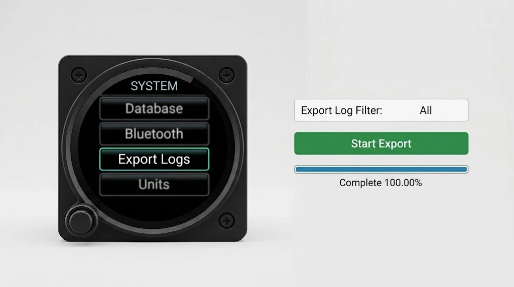 The Garmin GI 275 menu showing System then Export Logs, with the Export Log Filter set to All