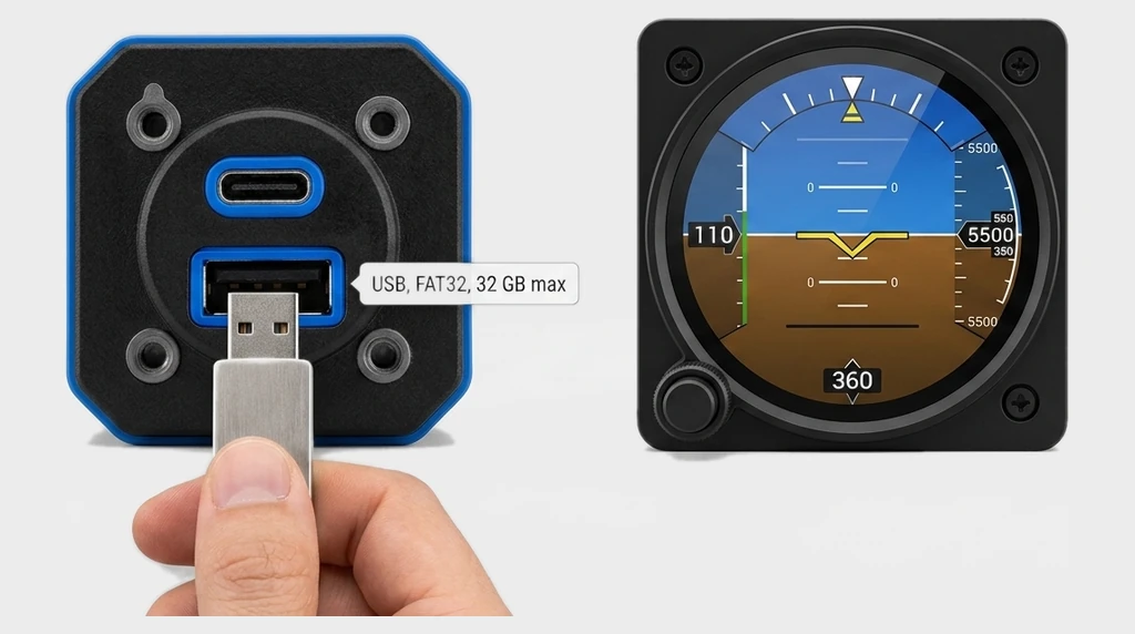 A USB flash drive being plugged into the GSB 15 cockpit USB port beside the round Garmin GI 275