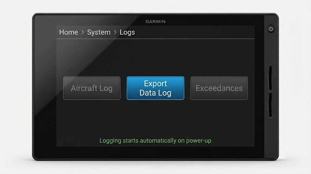 Garmin TXi Logs page with the Export Data Log key highlighted, the other Logs-page keys de-emphasized