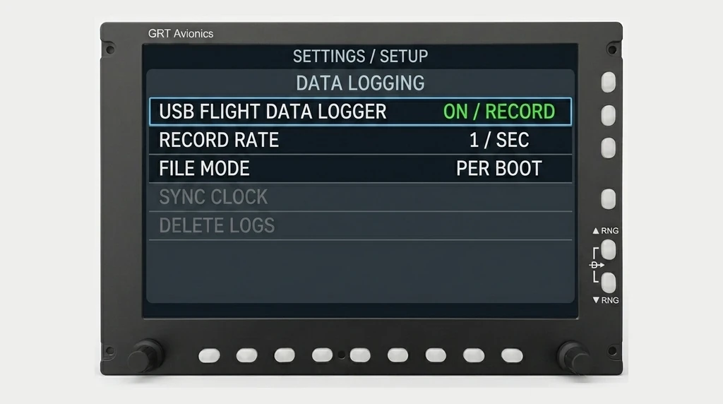 GRT setup with the USB Flight Data Logger turned on and set to record
