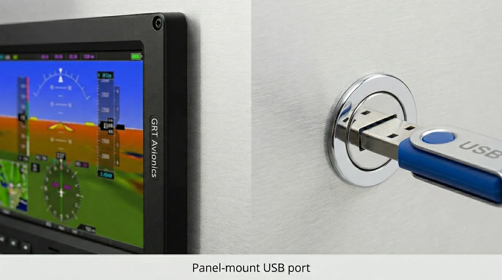 A USB flash drive being plugged into a panel-mount USB outlet behind a GRT display, not a front slot