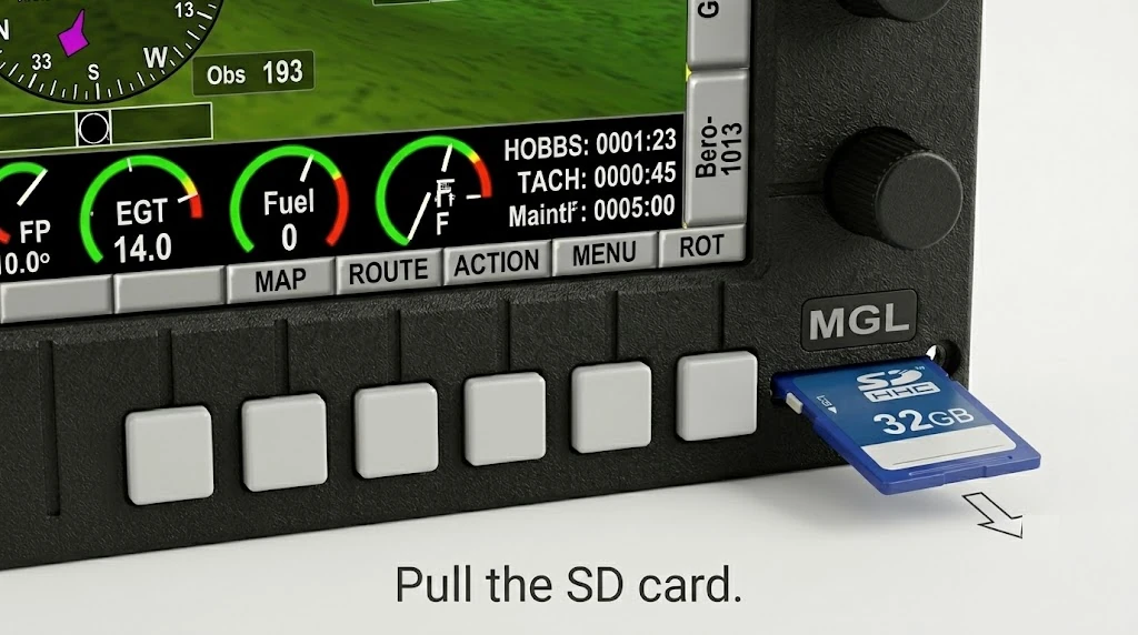 An SD card being removed from the slot at the bottom-right of an MGL iEFIS bezel