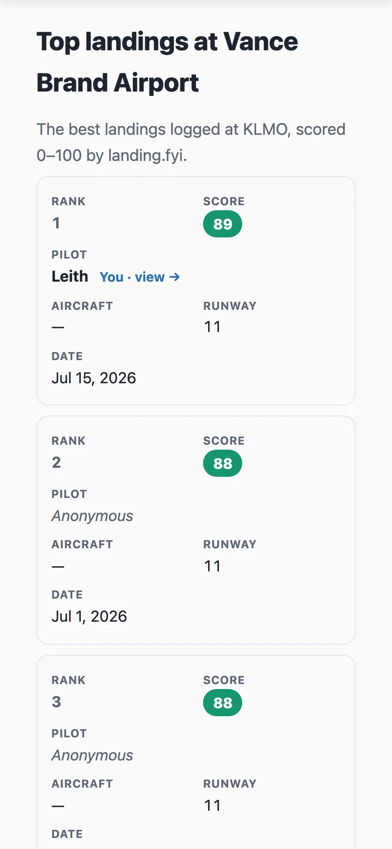 The airport's top-landings leaderboard on a phone